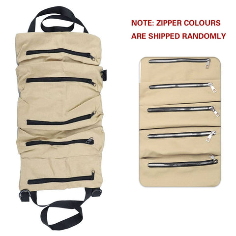 Multi-Purpose Tool Roll up Bag, Waxed Canvas Wrench Pouch with Zip Pockets - Khaki