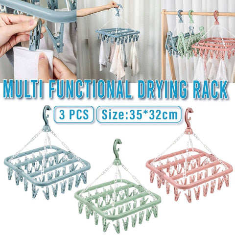 Multifunctional Plastic Clothes Drying Rack with Clips, Pack of 3