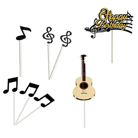 Music Themed Cake Topper Set, 8 Pieces - Happy Birthday, Guitar and Music Notes