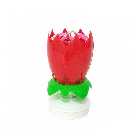 Musical Lotus Birthday Cake Candle, Rotating Flower, Pack of 2 - Red
