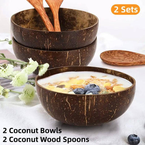 Natural Coconut Shell Bowls with Wooden Spoons - 2 Sets