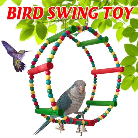 Natural Pine Wood Parrot Swing Toy with Beads and Bells, Perch Stand for Cage Birds