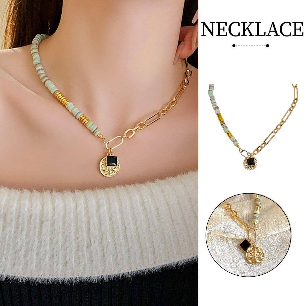 Natural Stone Clavicle Necklace with Gold-Tone Chain for Women