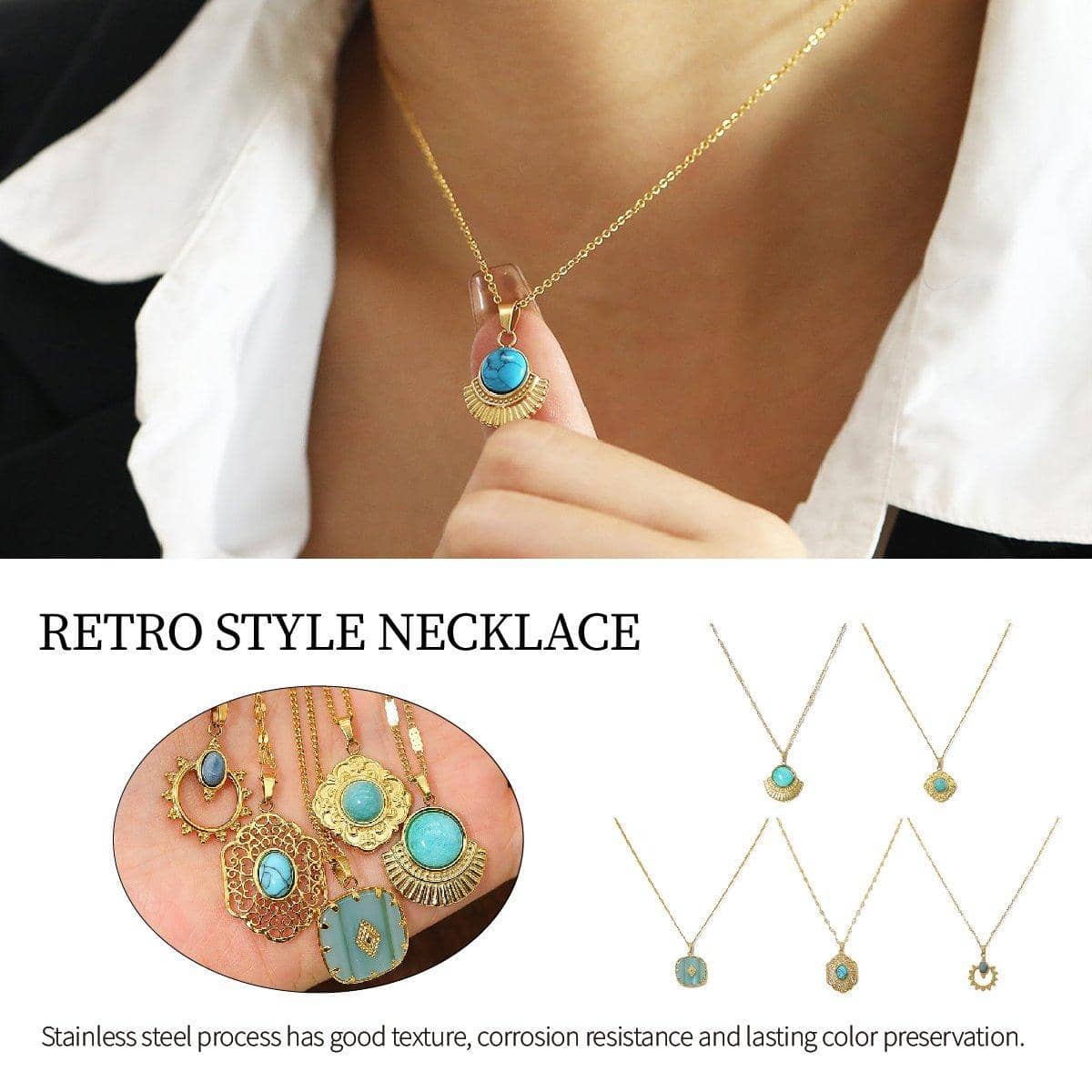 Natural Stone Pendant Necklace - Aqua Round Stone, Gold Fan Edge - view 2
