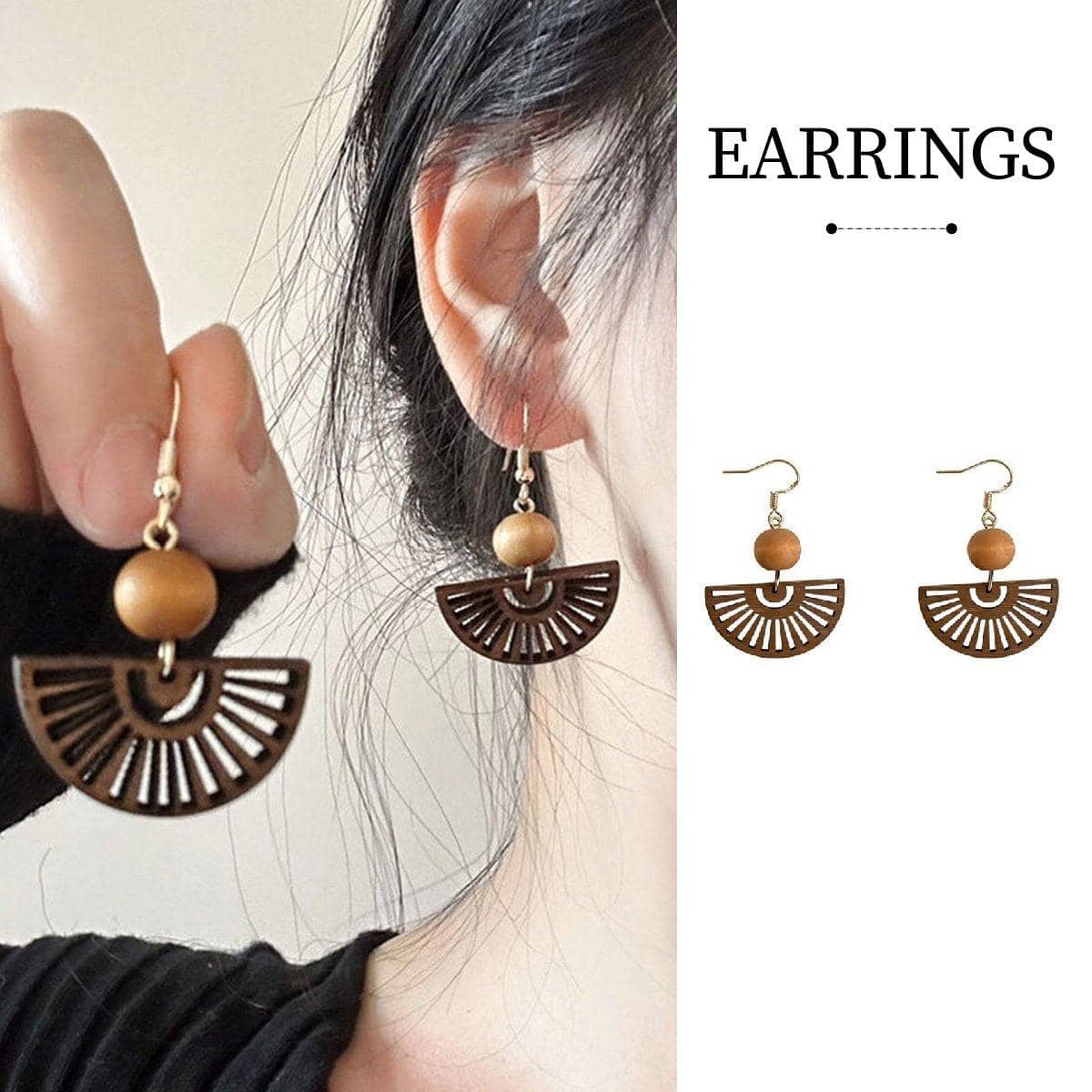 Natural Wood Chinese Fan Earrings for Women