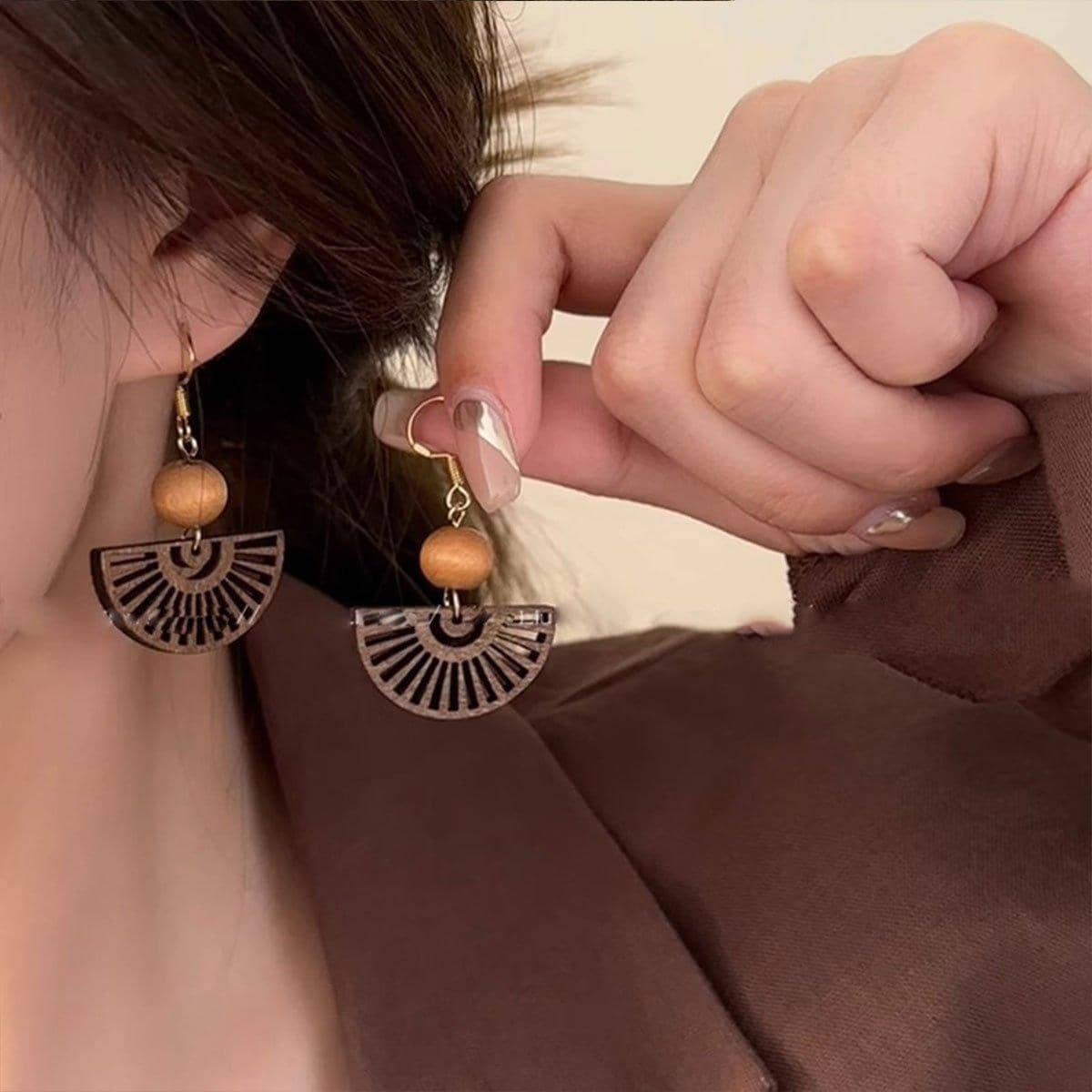 Natural Wood Chinese Fan Earrings for Women - view 4