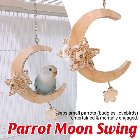Natural Wood Parrot Moon Swing Bird Cage Toy for Enrichment and Play