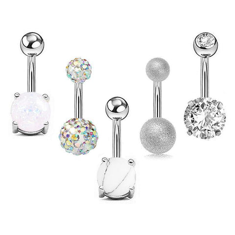 Navel Belly Bar Rings with Crystal Stones, Pack of 5 - Silver