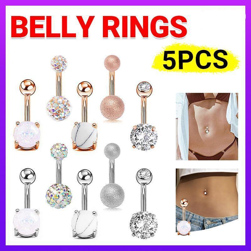 Navel Belly Bar Rings with Crystal Stones, Pack of 5 - Silver - view 2