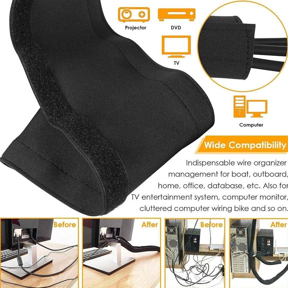 Neoprene Cable Management Sleeve with Hook and Loop Closure - Set of 3 Rolls, Black - view 5