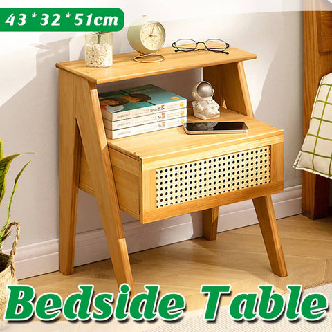 Nightstand with Drawer and Open Shelf, Natural Wood and Rattan Bedside Table