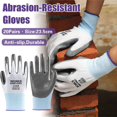 Nitrile Coated Work Gloves Non Slip Wear Resistant, Pack of 20 Pairs, Size 8 (23.5 cm)