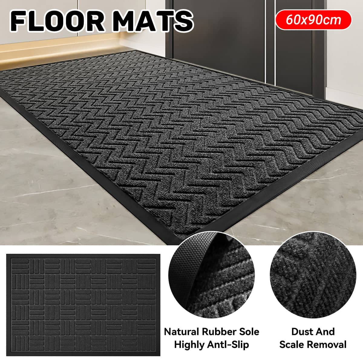 Non Slip Entryway Floor Mat, Polypropylene and Rubber - V Shape Pattern, 60 x 90 cm - view 2