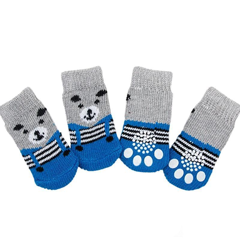 Non Slip Pet Socks for Dogs and Cats, Large (9 x 4.7 cm) - Grey and Blue with Bear Face