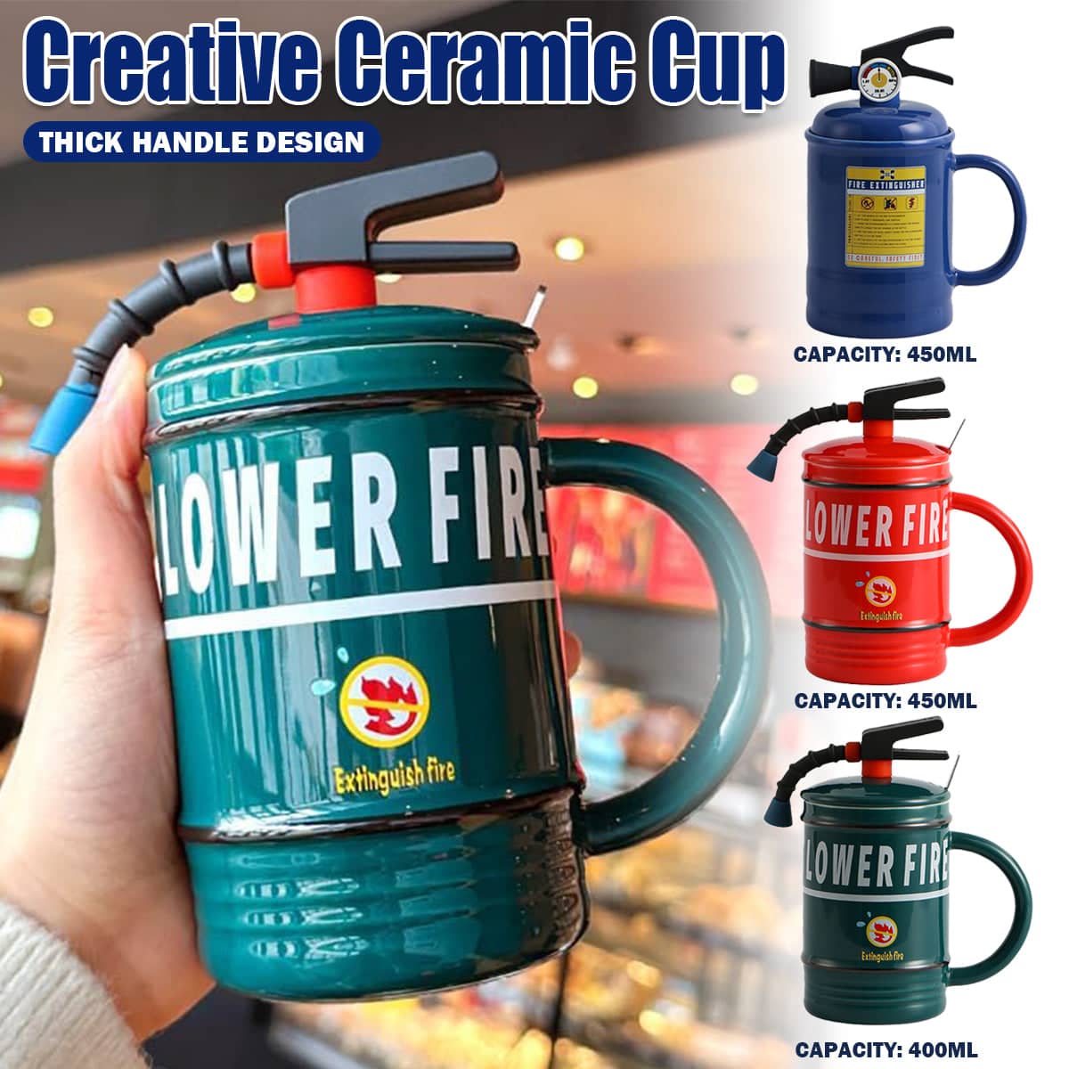 Novelty Fire Extinguisher Ceramic Mug with Lid and Spoon - Green - view 5