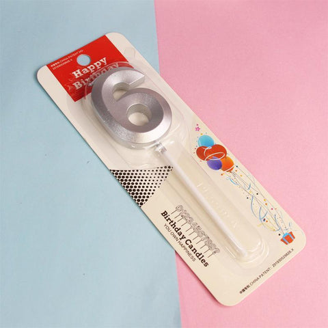 Number 6 Birthday Candle with Stand - Silver