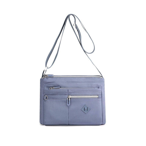 Nylon Crossbody Shoulder Bag with Multiple Zip Pockets - Light Blue
