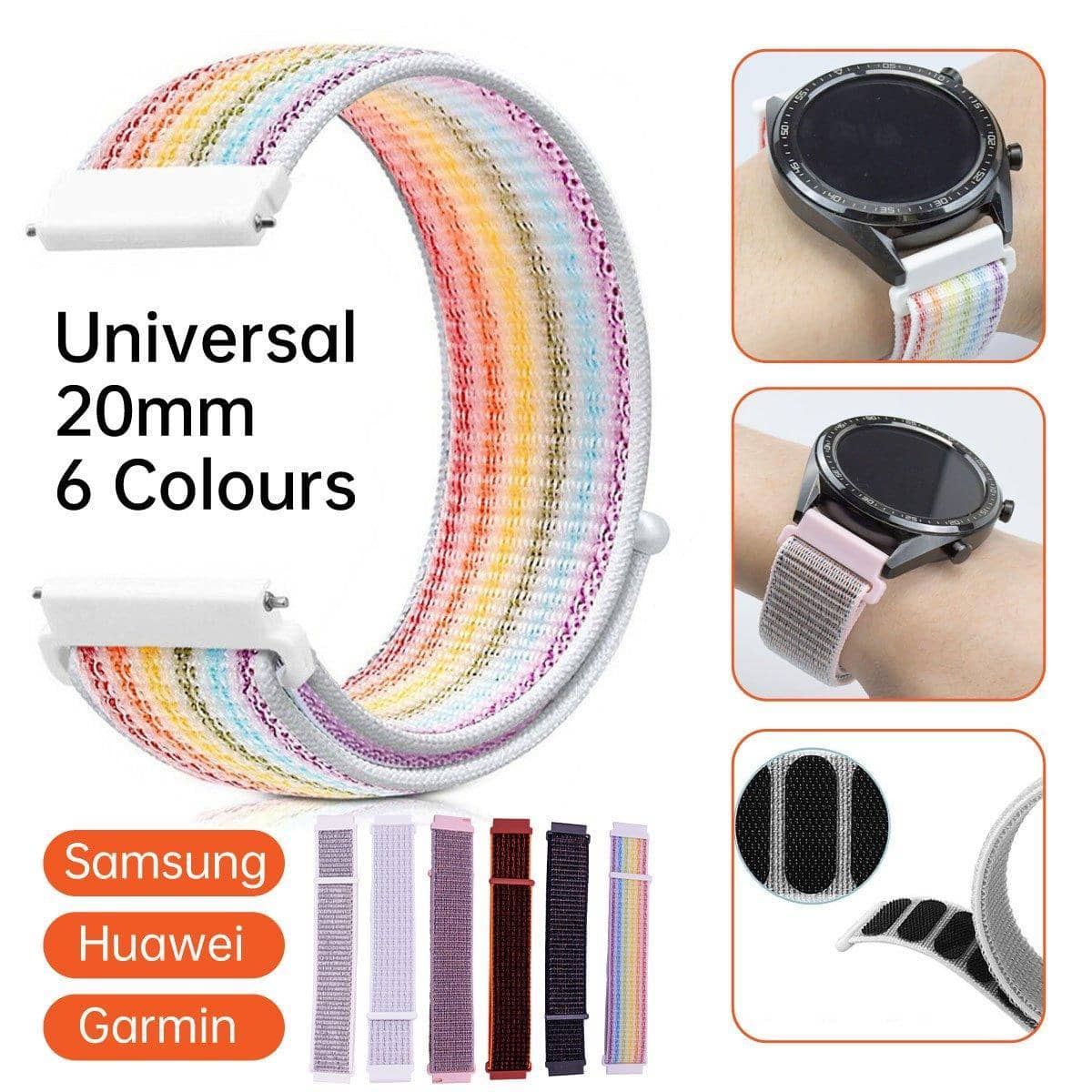 Nylon Sport Loop Watch Strap, 20 mm with Hook-And-Loop Closure - White - view 2