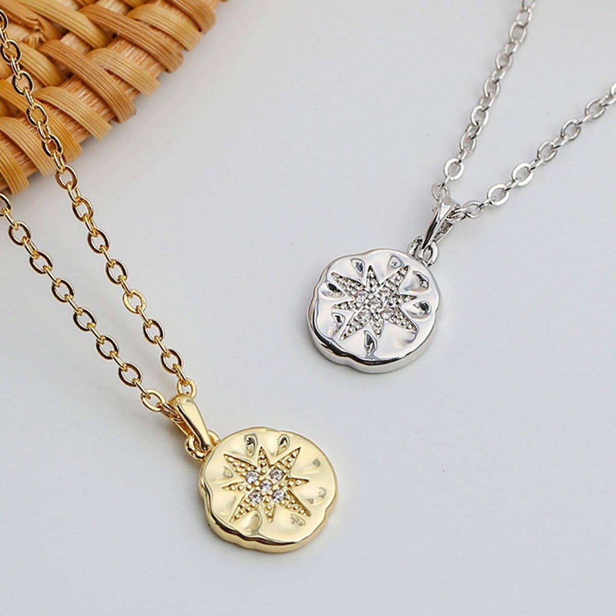 Octet Star Coin Button Pendant Necklace, Vintage Celestial Jewellery - Silver - view 5