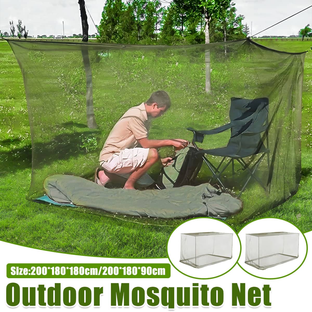 Outdoor Folding Bed Mosquito Net, Army Green Summer Netting for Camping and Hiking - Size 200 x 90 x 180 cm - view 2
