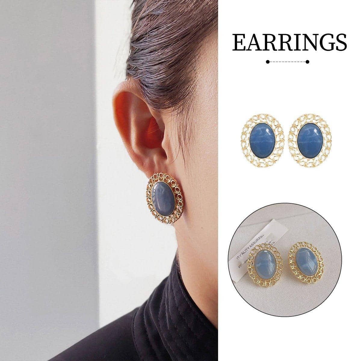 Oval Blue Oil Drop Stud Earrings, Retro Fashion Jewellery with Silver Needle Back