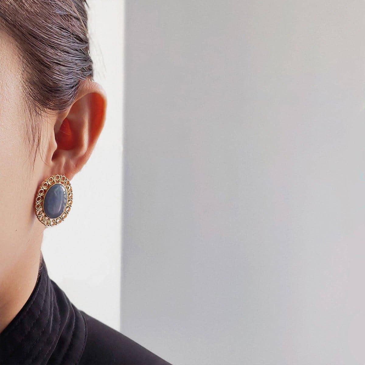 Oval Blue Oil Drop Stud Earrings, Retro Fashion Jewellery with Silver Needle Back - view 5