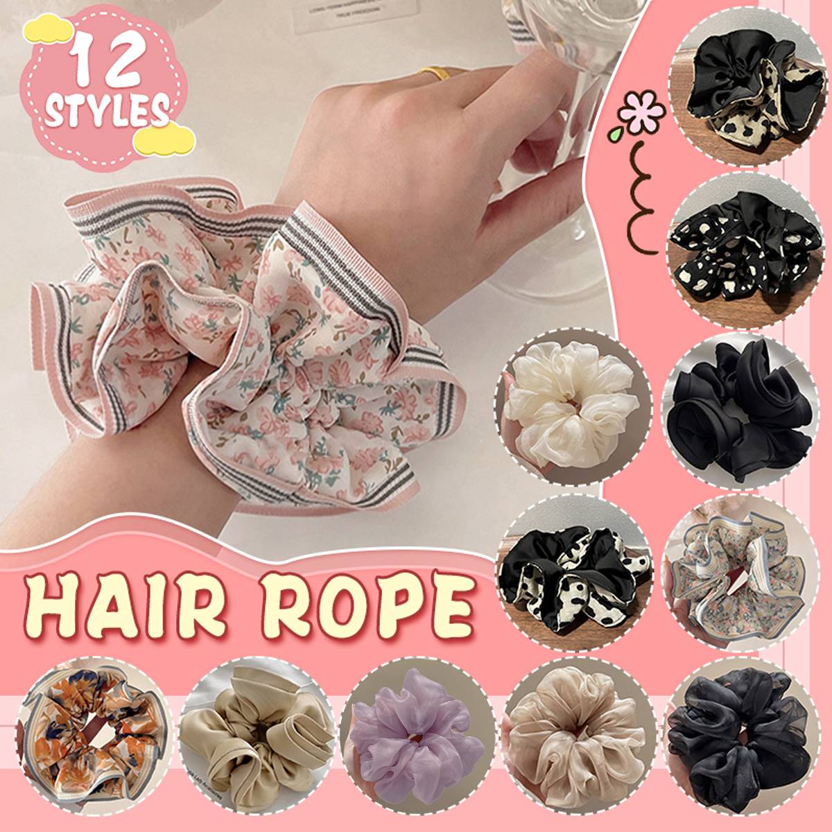 Oversized Hair Scrunchie - Black with Tan Cow Print Lining - view 2