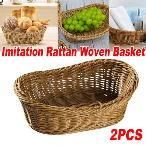 Pack of 2 Rattan Style Yuanbao Fruit Trays Woven Storage Basket for Living Room