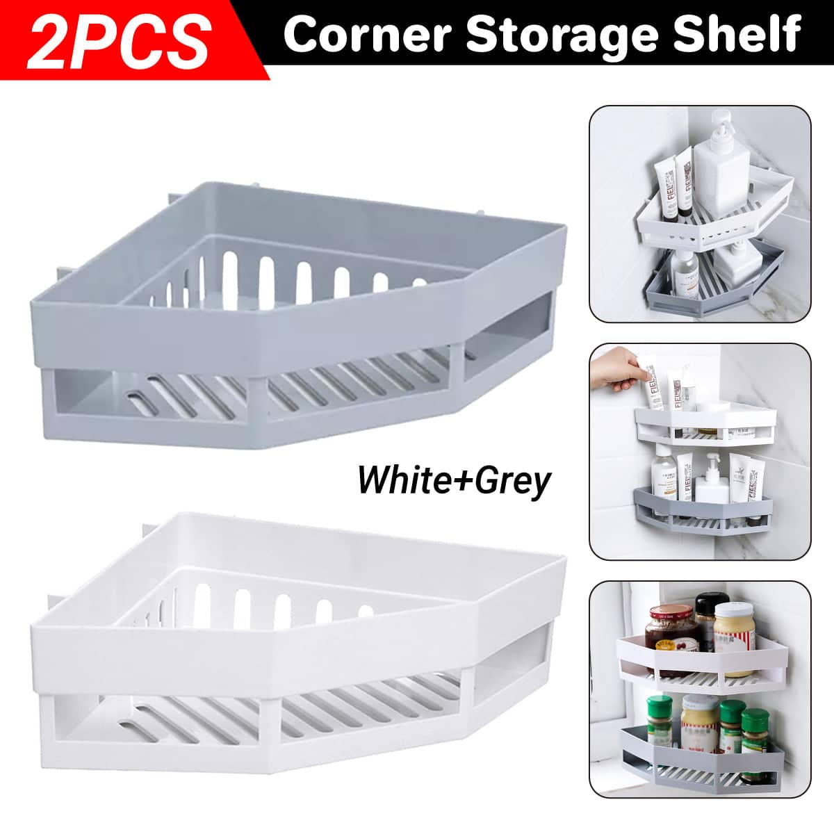 Pack of 2 Wall Mounted Corner Storage Shelves for Bathroom and Kitchen - White and Grey