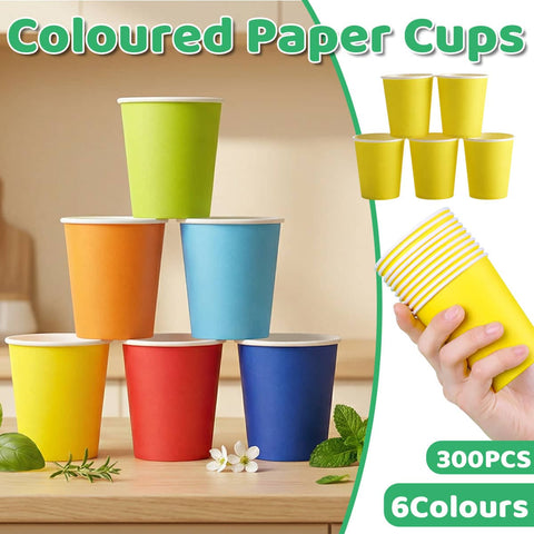 Pack of 300 Coloured Paper Cups, Food Grade in Six Colours for Parties