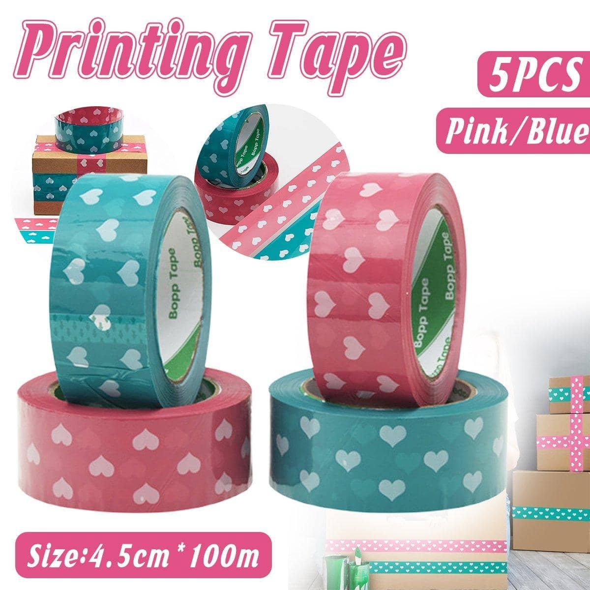 Pack of 5 Cute Heart Pattern Packing Sealing Tape 4.5 cm x 100 m - Pink - view 2