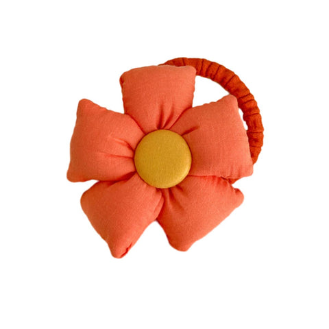 Padded Flower Hair Tie, Elastic Ponytail Holder - Orange