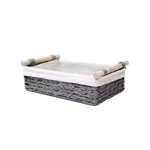 Paper Rope Woven Desktop Storage Basket with Wooden Handles - Grey