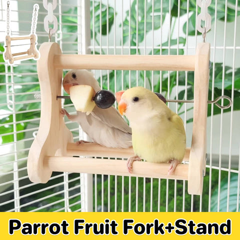 Parrot Foraging Toy Wooden Hanging Fruit Fork Stand for Bird Cages