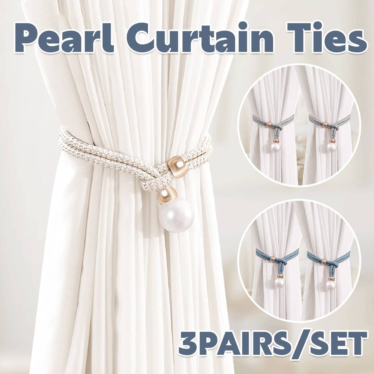 Pearl Curtain Tiebacks Strap Set 3 Pairs Decorative Buckle Holder - White - view 2