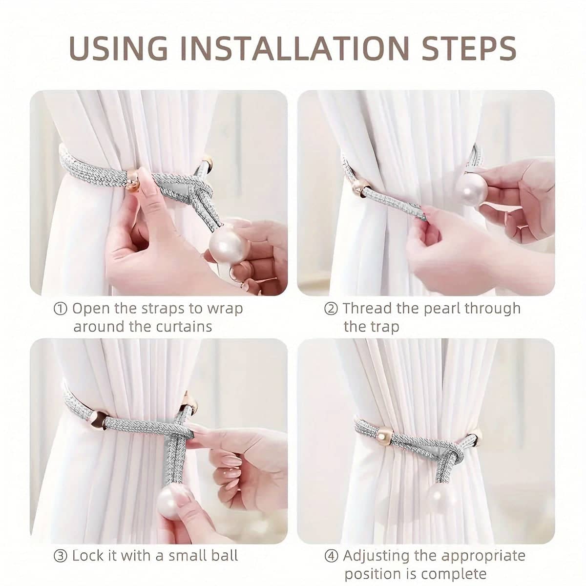 Pearl Curtain Tiebacks Strap Set 3 Pairs Decorative Buckle Holder - White - view 5