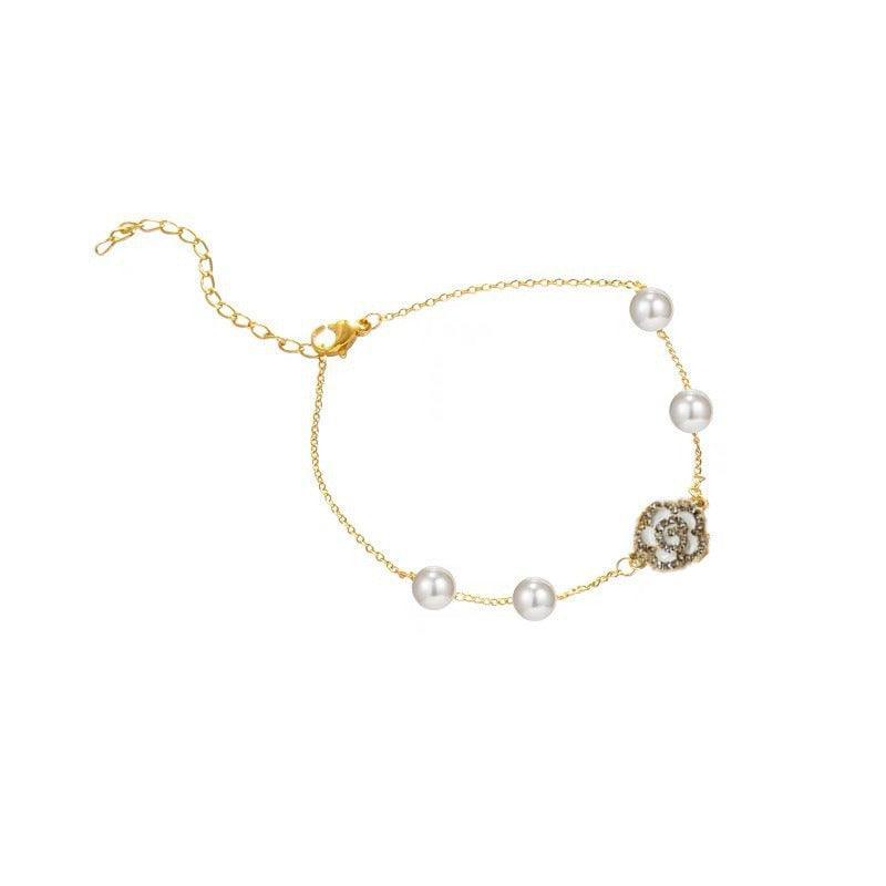 Pearl Flower Bracelet for Women with Imitation Pearls - Gold Tone