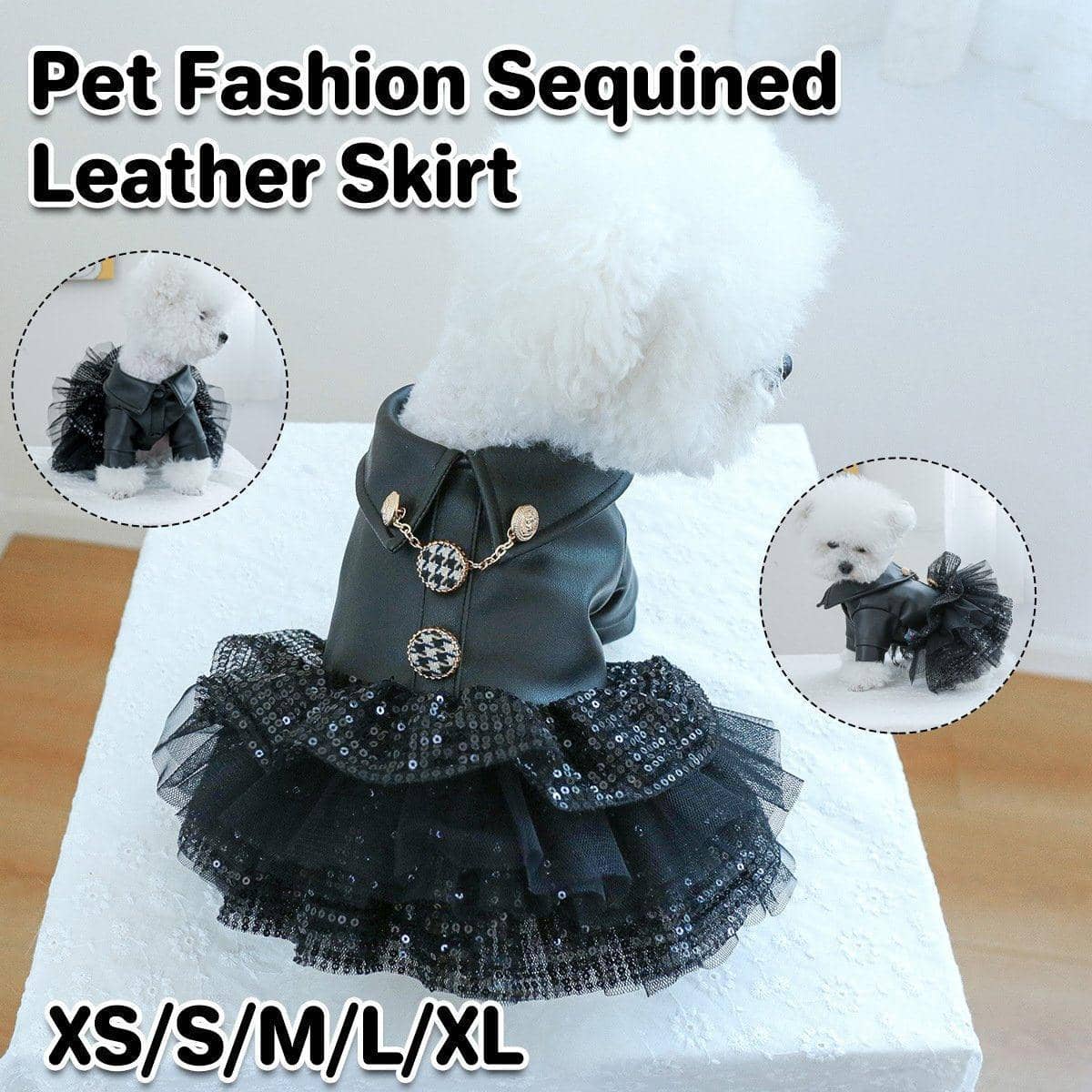 Pet Faux Leather Sequin Dress for Small Dogs and Cats - Black, Size M (Chest 40 cm) - view 2