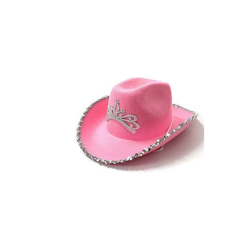 Pink Cowgirl Hat with Silver Tiara - Silver Sequins Edge