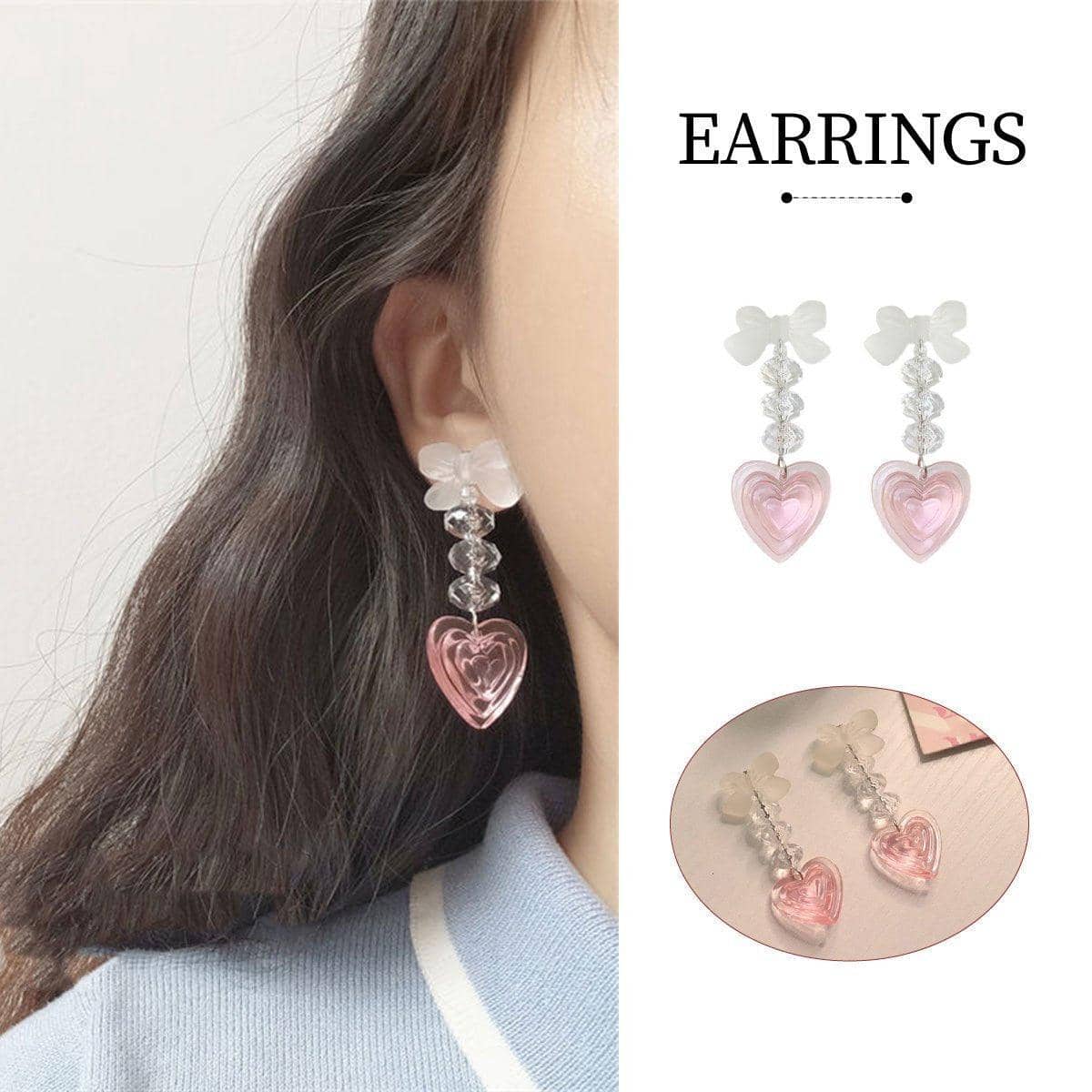 Pink Heart Dangle Earrings, Long Heart Shaped Fashion Jewellery for Women