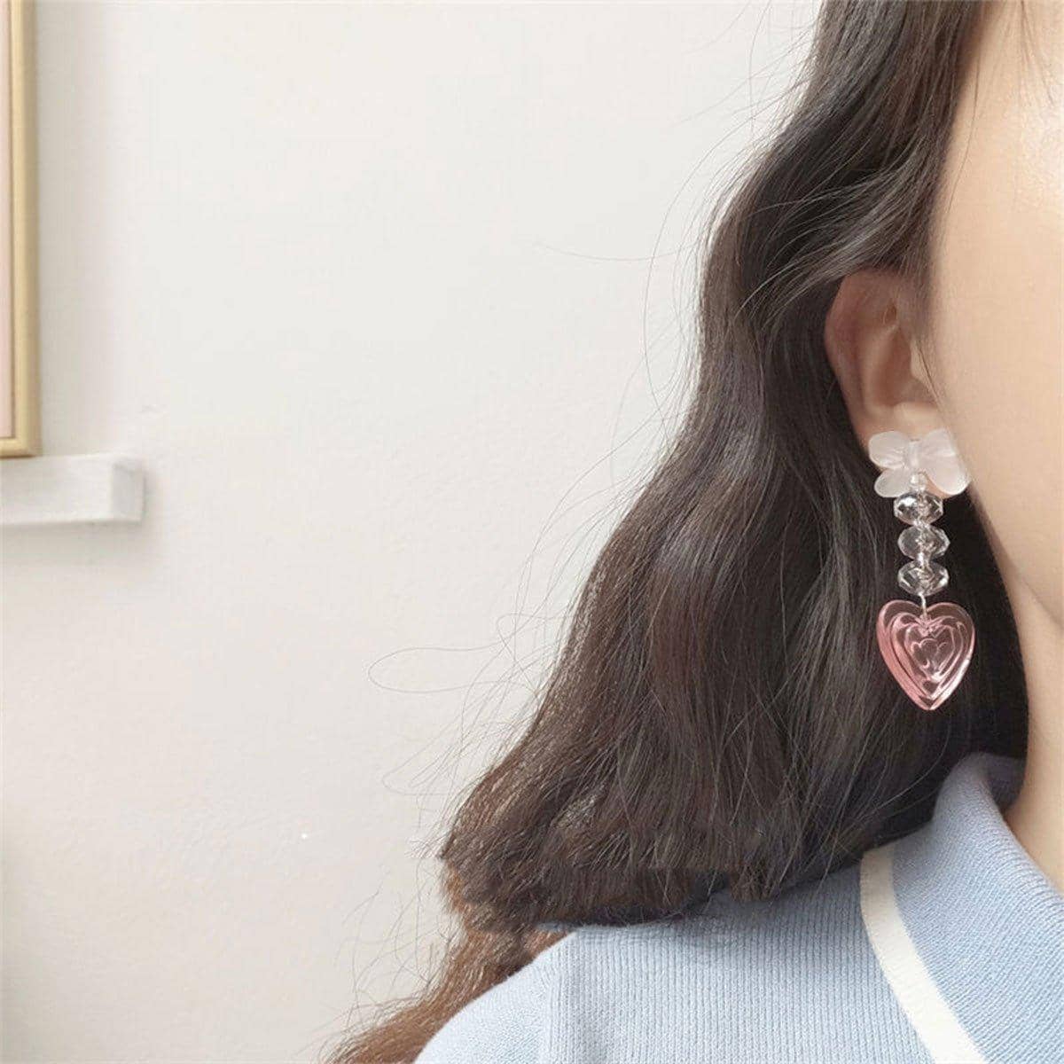 Pink Heart Dangle Earrings, Long Heart Shaped Fashion Jewellery for Women - view 4