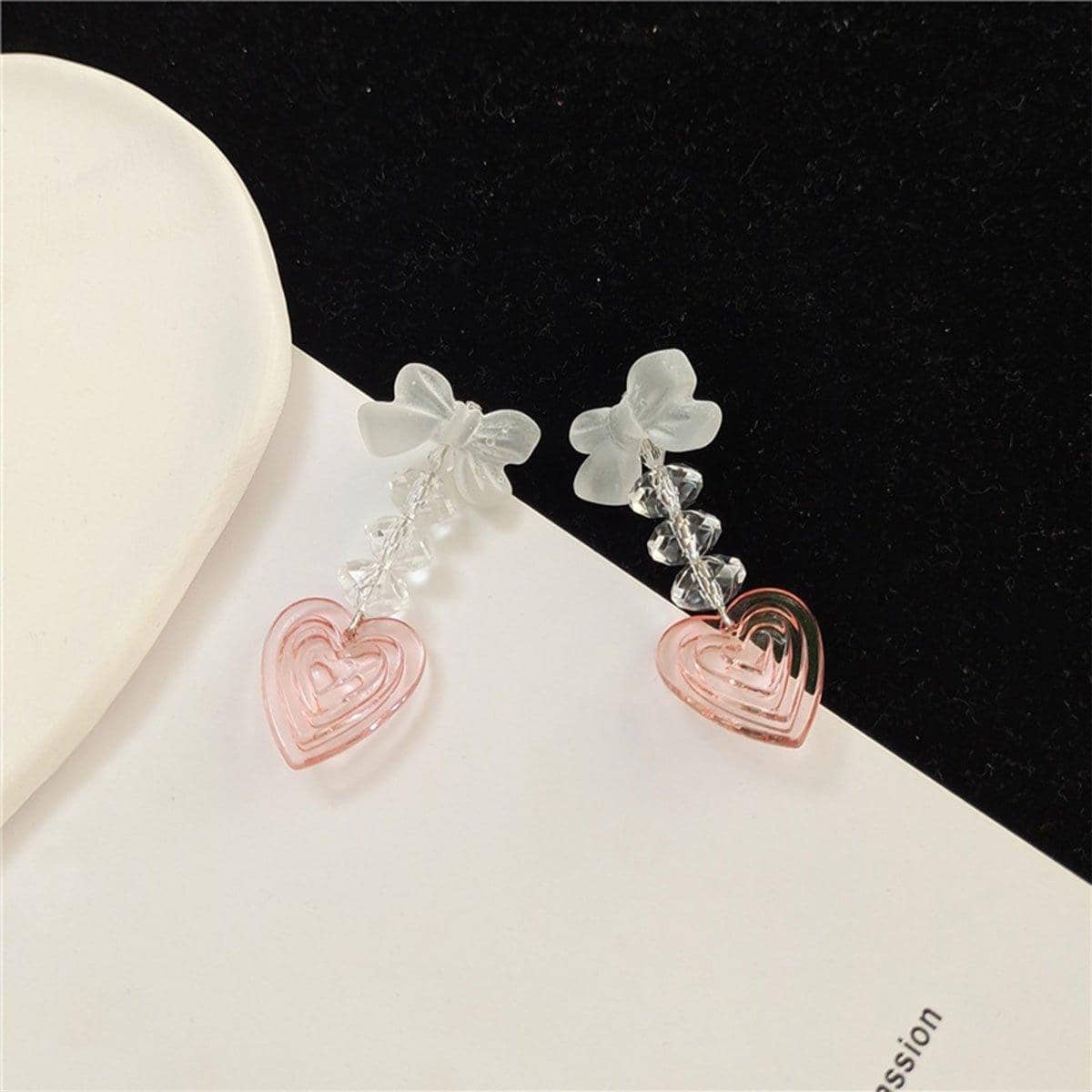 Pink Heart Dangle Earrings, Long Heart Shaped Fashion Jewellery for Women - view 5