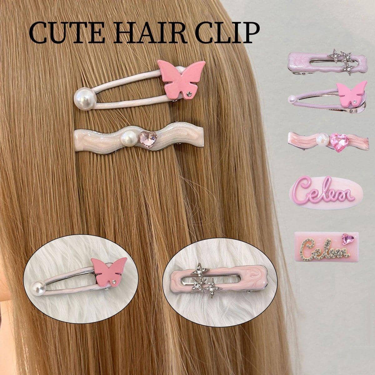 Pink Metal Hair Clip with Crystal Star Charms - Open Rectangle Design - view 2