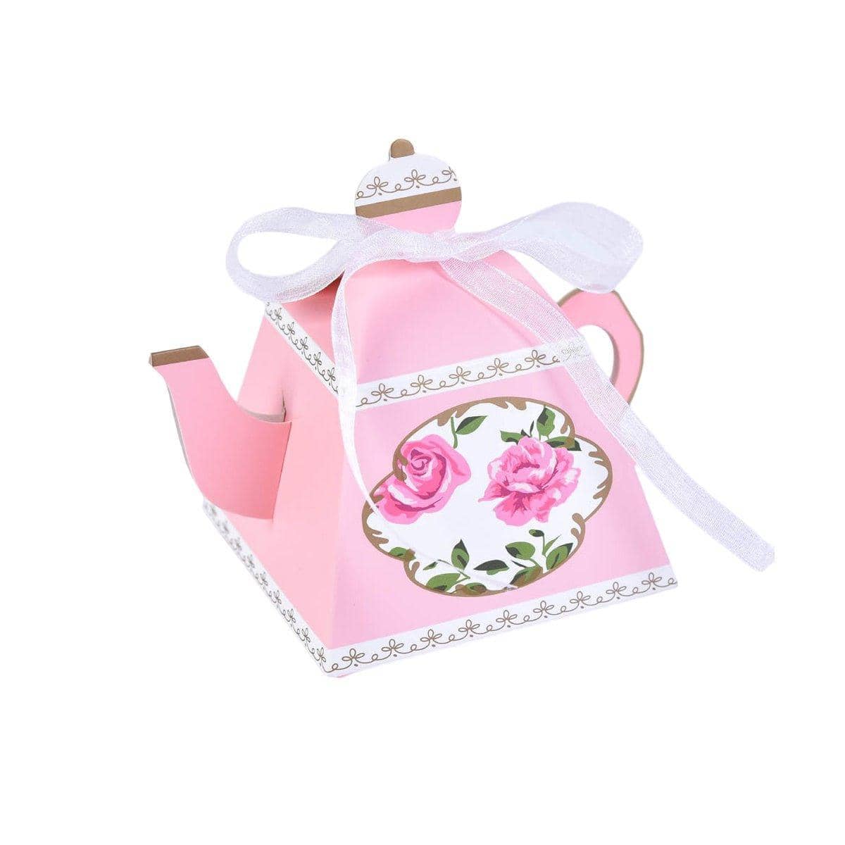 Pink Teapot Candy Boxes with Floral Design and Ribbon for Weddings, Pack of 50