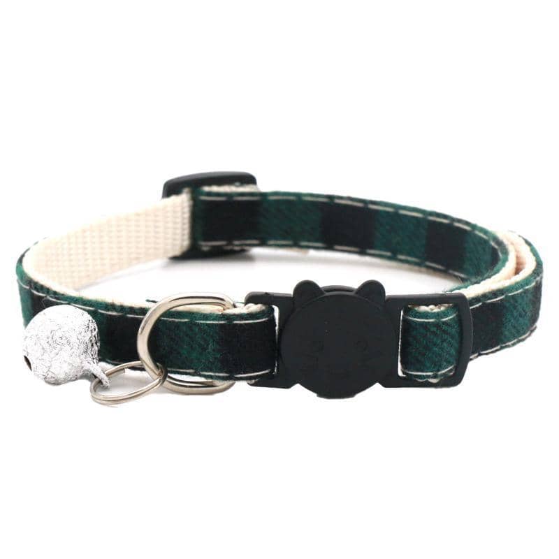 Plaid Cat Collar with Breakaway Buckle and Bell - Dark Green