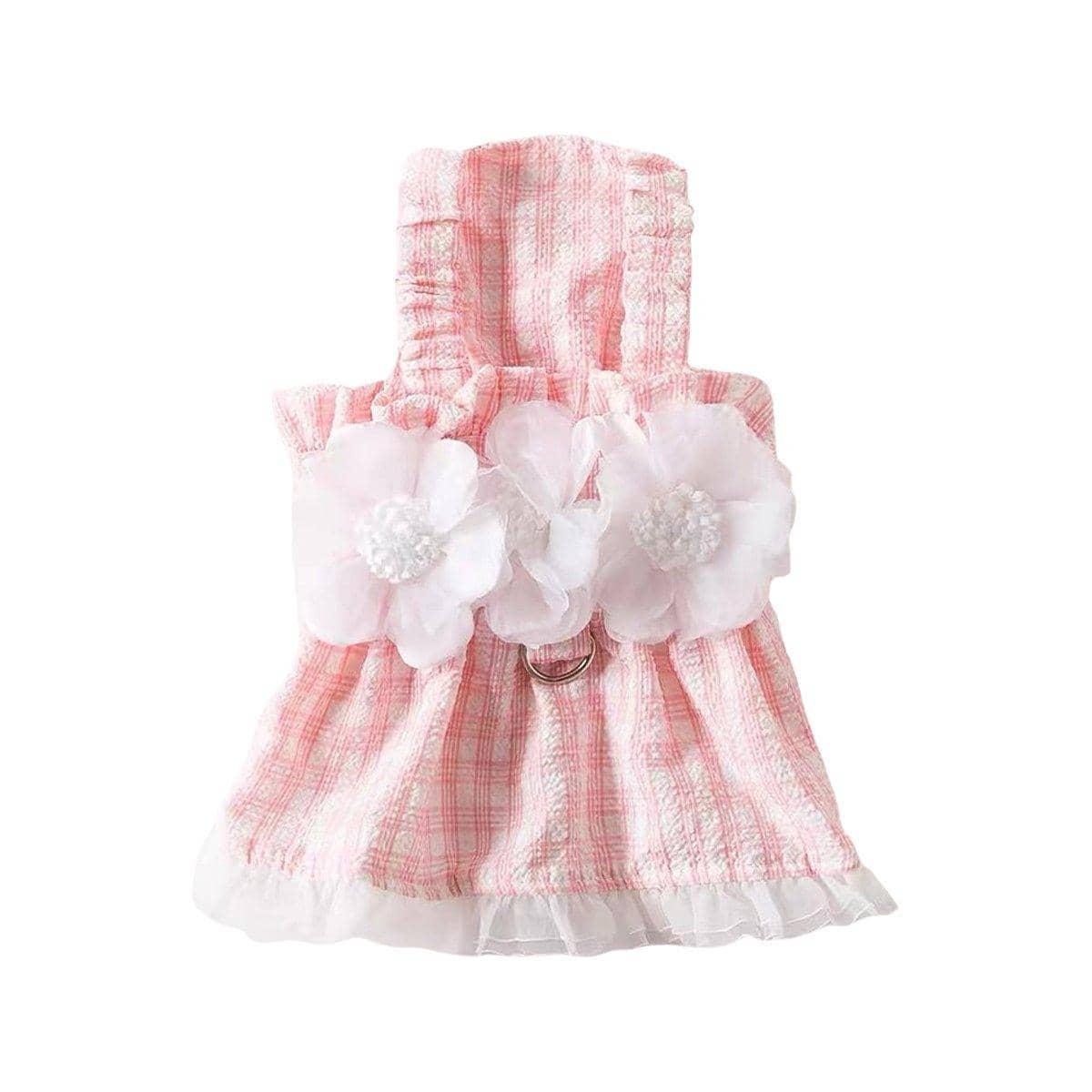 Plaid Pet Dress with Flower Detail and Leash Ring - Pink, Extra Large (Chest 50 cm)