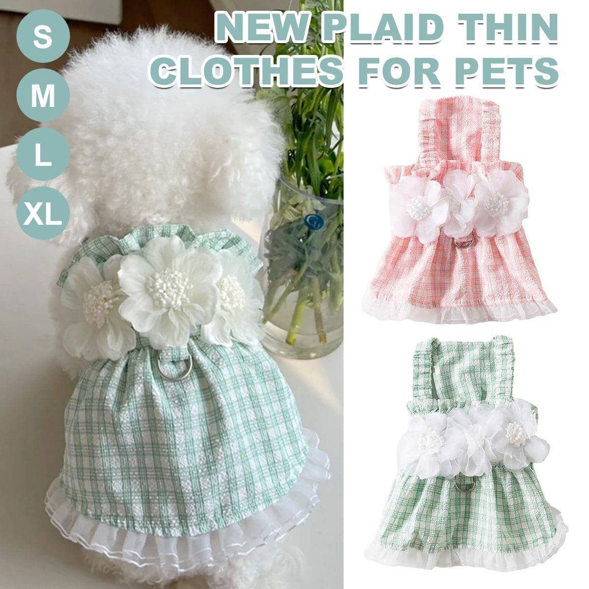 Plaid Pet Dress with Flower Detail and Leash Ring - Pink, Medium (Chest 40 cm) - view 2