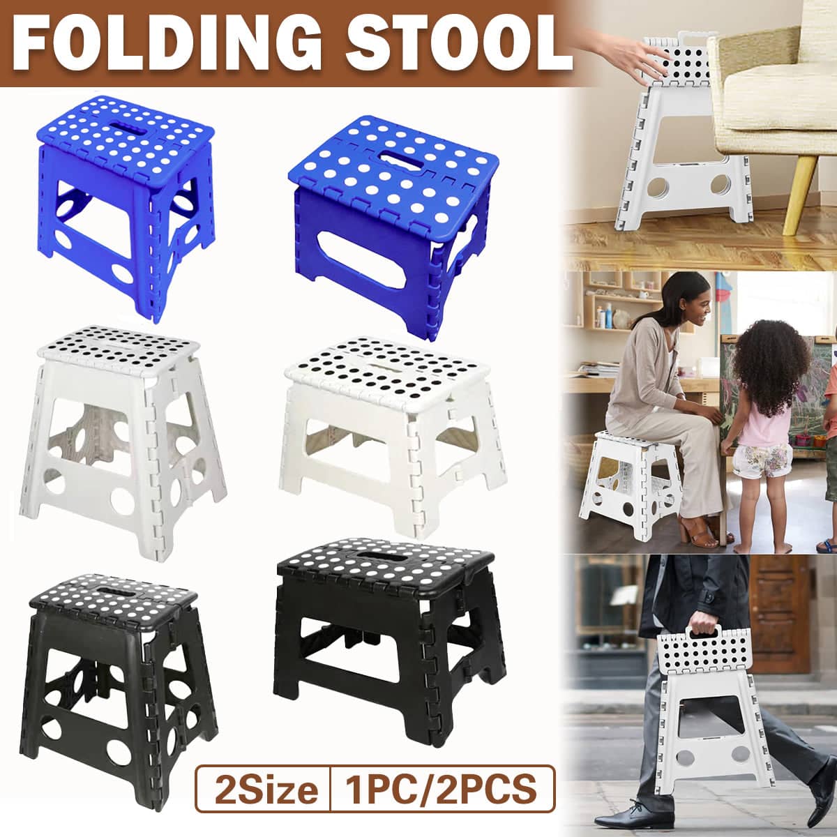 Plastic Folding Step Stool - Black, 22 cm High, Pack of 2 - view 2