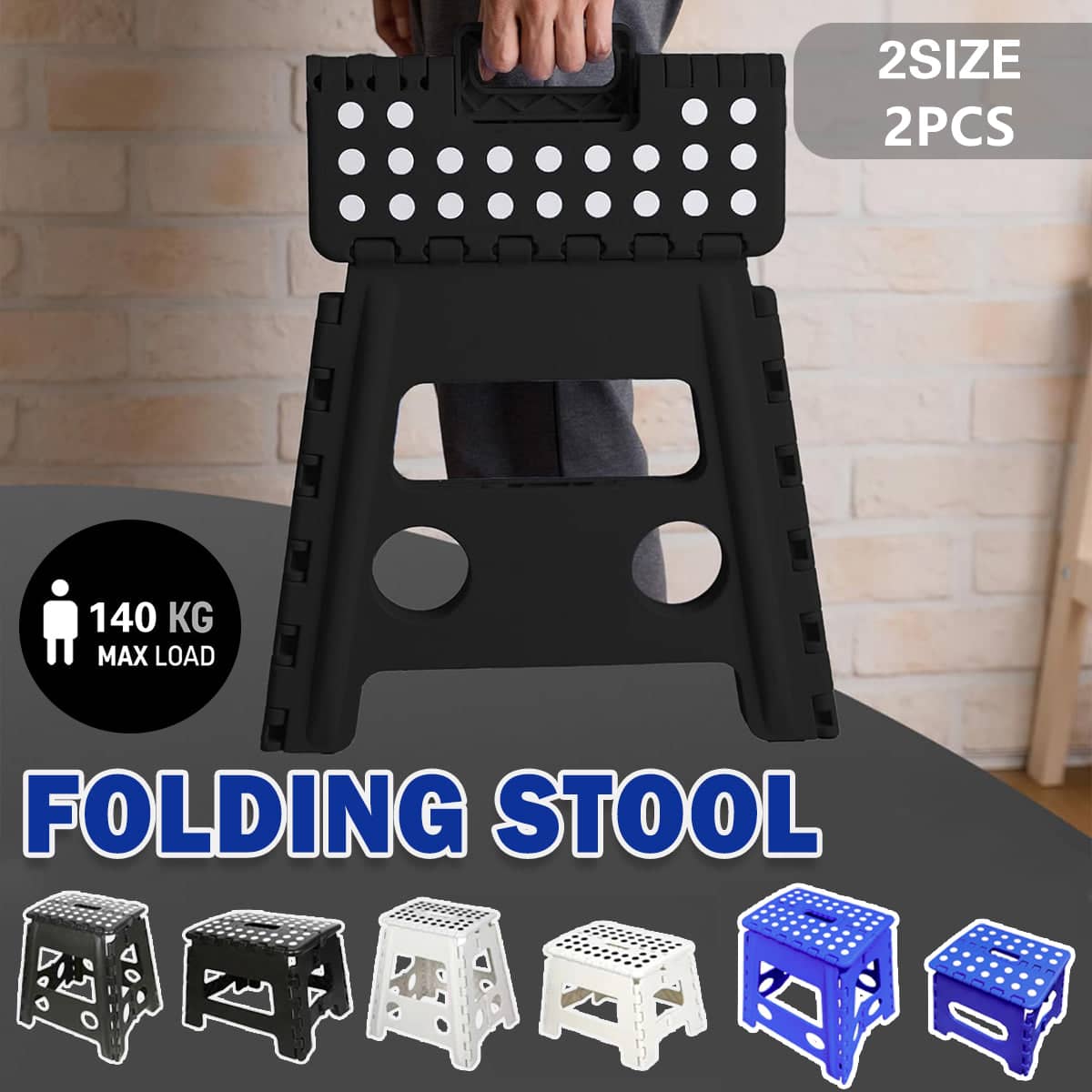 Plastic Folding Stool Set, Pack of 2 - Small 22cm, Black - view 2