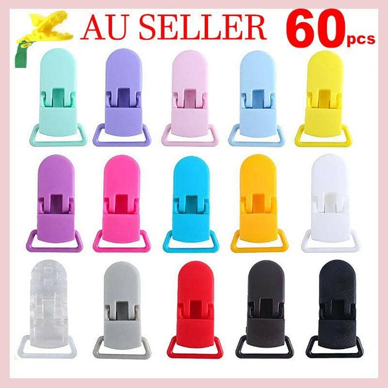 Plastic Pacifier Dummy Clip Holders, Pack of 60 Assorted Colours for Crafts